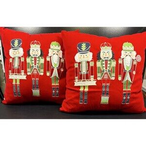 Nutcracker Christmas Throw Pillows Set of 2 18x18 Red Holiday Decor Embroirdered